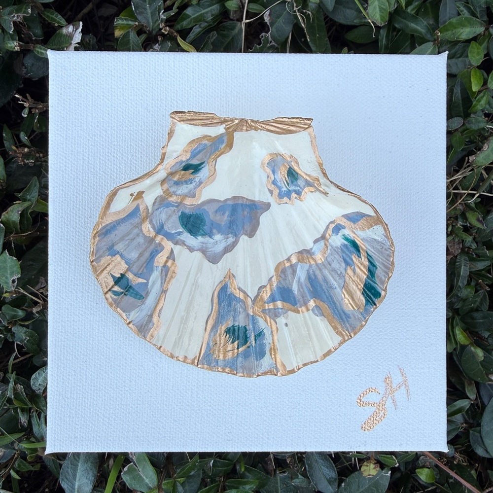 Original oyster design Shell Canvas Art with Gold and Blue Accents